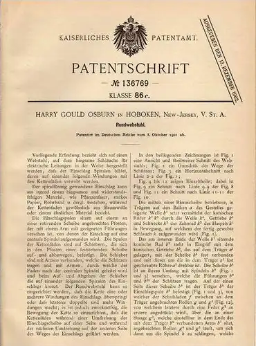 Original Patentschrift - H. Osburn in Hoboken , New Jersey , USA , 1901 , Webstuhl , Rundwebstuhl , Weberei !!!