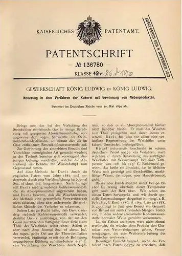 Original Patentschrift - Gewerkschaft in König Ludwig ,1899, Kokerei , Steinkohle , Bergbau , Koks , Recklinghausen !!!