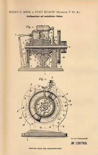Original Patentschrift - H. Herr in Port Huron , USA , 1901 , Kraftmaschine mit umlaufenden Kolben , Motor !!!