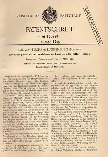 Original Patentschrift - L. Fuchs in Lundenburg / Breclav , Mähren , 1901 , Absperrschieber für Osmose - Rahmen !!!