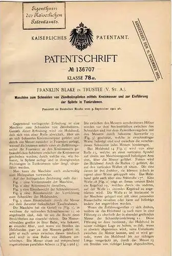 Original Patentschrift - F. Blake in Trustee , USA , 1901 , Maschine für Streichhölzer , Zündhölzer , Streichholz !!!