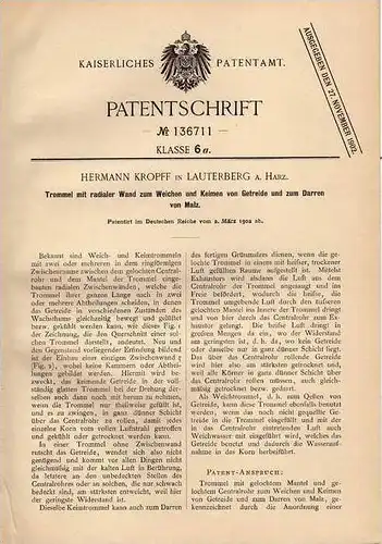 Original Patentschrift - H. Kropff in Lauterberg a. Harz , 1902 , Trommel für Getreide und Malz , Landwirtschaft !!!