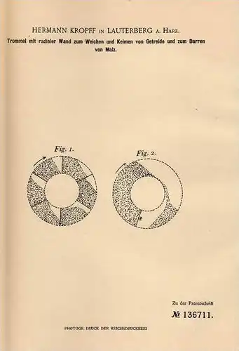 Original Patentschrift - H. Kropff in Lauterberg a. Harz , 1902 , Trommel für Getreide und Malz , Landwirtschaft !!!