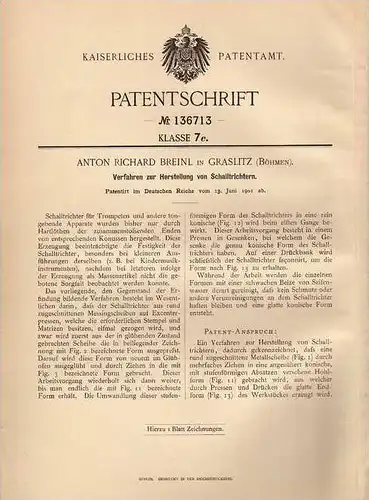 Original Patentschrift - A. Breinl in Graslitz , Böhmen , 1901 , Schalltrichtern für Trompete , Posaune , Tuba !!!