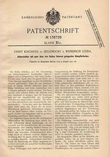 Original Patentschrift - E. Kirchner in Zellendorf b. Wendisch Linda , 1901 , Akkord - Zither mit Dämpfertasten !!!