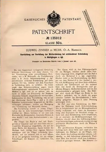 Original Patentschrift - L. Zinsser in Murr , O.-A. Marbach , 1902 , Zündung von Mahlgängen , Mühle !!!