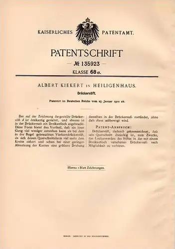Original Patentschrift - A. Kiekert in Heiligenhaus , 1902 , Drückerstift , Türdrücker !!!