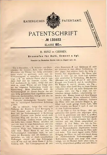 Original Patentschrift - H. Hinz in Giessen , 1901 , Brennofen für Kalk und Cement , Zement !!!