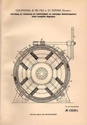 Original Patentschrift - Couffinhal & Ses Fils in St. Etienne , 1901 , moteur à courant continu, la vitesse !!!