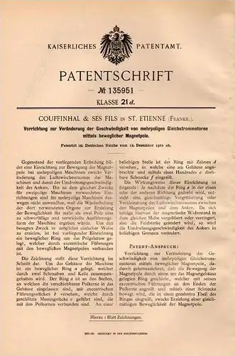 Original Patentschrift - Couffinhal & Ses Fils in St. Etienne , 1901 , moteur à courant continu, la vitesse !!!