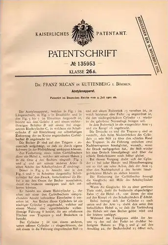 Original Patentschrift - Dr. F. Mlcan in Kuttenberg i. Böhmen , 1901 , Acetylen - Apparat , Kutná Hora !!!