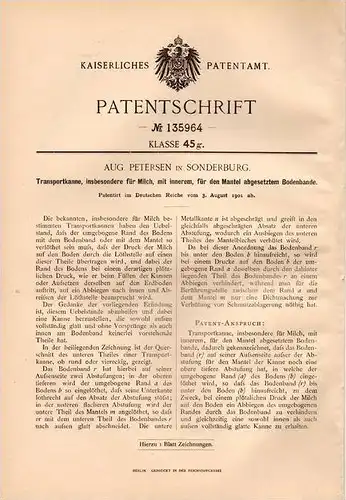 Original Patentschrift - A. Pedersen in Sonderburg , 1901 , Transportkanne für Milch , Kanne , Milchkanne !!!