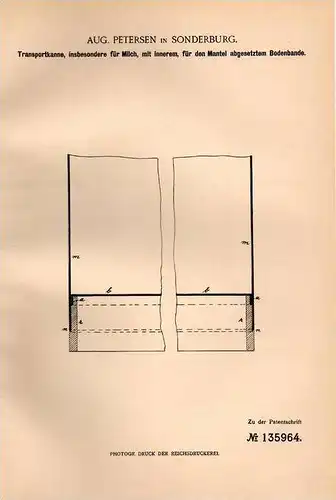 Original Patentschrift - A. Pedersen in Sonderburg , 1901 , Transportkanne für Milch , Kanne , Milchkanne !!!