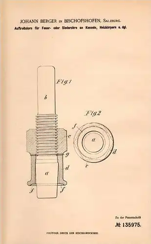 Original Patentschrift - J. Berger in Bischofshofen , Salzburg , 1901 , Feuer- und Siederohre an Kesseln , Heizung !!!