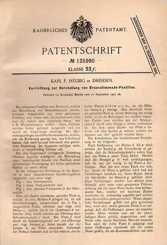 Original Patentschrift - Brause - Limonade Pastillen , 1901 , K. Helbig in Dresden , Brausetabletten , Limo !!!