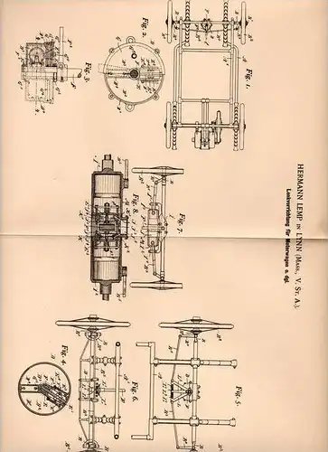 Original Patentschrift - H. Lemp in Lynn  , USA , 1900, Lenkung für Motorwagen , Automobile !!!