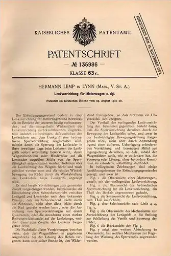 Original Patentschrift - H. Lemp in Lynn  , USA , 1900, Lenkung für Motorwagen , Automobile !!!