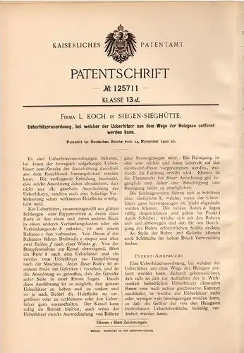 Original Patentschrift - Fa. L. Koch in Siegen - Sieghütte , 1900 , Überhitzer für Heizgase , Heizung , Feuerung !!!