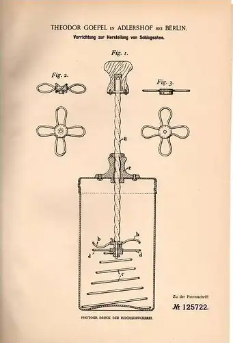 Original Patentschrift - T. Goepel in Adlershof , 1901 , Herstellung von Schlagsahne !!!