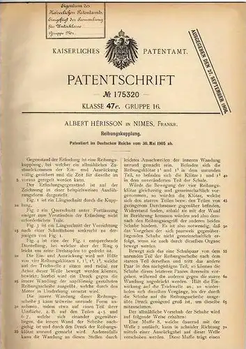 Original Patentschrift - A. Hérisson in Nimes , 1905 , Kupplung , Reibungskupplung !!!