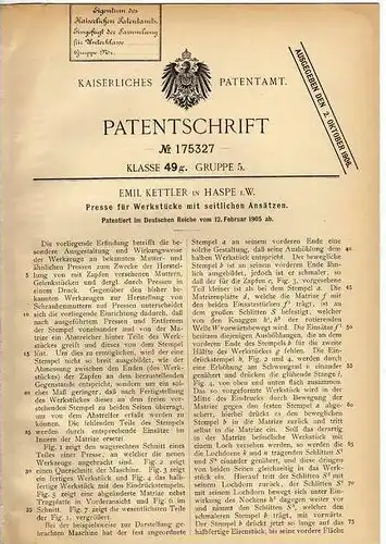 Original Patentschrift - E. Kettler in Haspe i.W. , 1905 , Presse für Werkstücke !!!
