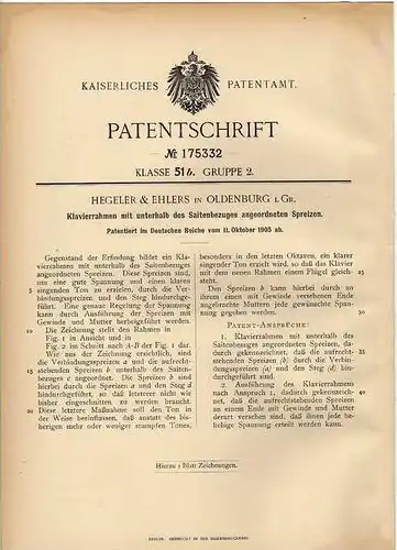 Original Patentschrift - Hegeler & Ehlers in Oldenburg i. Gr. , 1905 , Rahmen für Klavier , Piano !!!