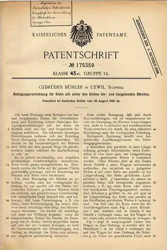 Original Patentschrift - Gebr. Bühler in Uzwil , 1905 , Reinigungsapparat für Siebe , Sieb !!!