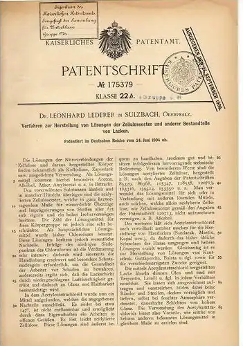 Original Patentschrift - Dr. L. Lederer in Sulzbach , Oberpfalz , 1904 , Herstellung von Lack - Lösungen , Chemie !!!