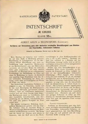 Original Patentschrift - A. Ahlin in Billingsfors , Schweden . 1901 , Bleichen von Cellulose !!!