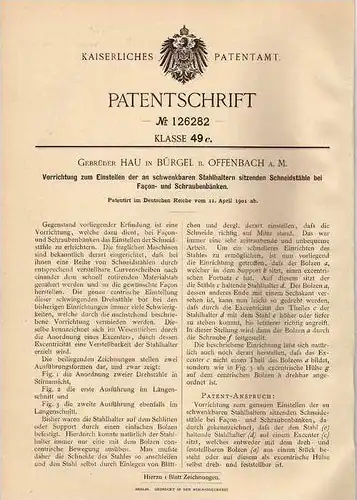 Original Patentschrift - Gebr. Hau in Bürgel b. Offenbach a.M., 1901 , Faqon- und Schraubenbank , Einsteller !!!