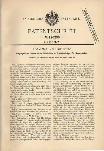Original Patentschrift - A. May in Schweidnitz / Swidnica , 1900 , Steinbalken für Massivdecken !!!