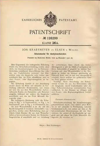 Original Patentschrift - J. Kraesmeyer in Elsen i. Westf., 1900 , Schutzmantel für Acetylenentwickler , Acetylen !!!