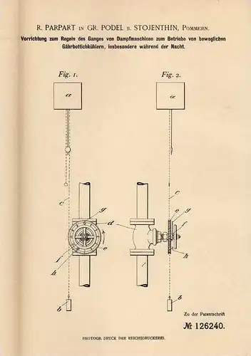 Original Patentschrift - R. Parpart in Groß Podel b. Stojenthin , Pommern , 1900 , Gangregler für Dampfmaschine !!!