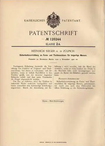 Original Patentschrift - H. Sieger in Zülpich , 1900 , Teig - Knetmaschine , Bäckerei , Bäcker !!!