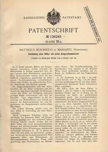 Original Patentschrift - M. Buschnigg in Mariazell , Steiermark , 1901 , Zither mit Zungenstimmwerk !!!