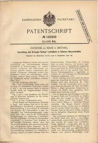 Original Patentschrift - F. de Mare in Brüssel , 1900 , farbige Licht - Effecte für Wasserstrahlen !!!