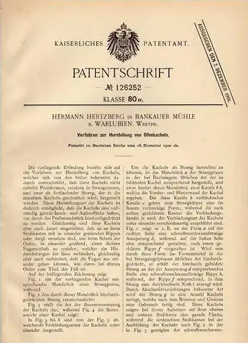 Original Patentschrift - H. Hertzberg in Bankauer Mühle b. Warlubien , Westpr., 1900 , Ofenkacheln , Kacheln , Ofen !!!