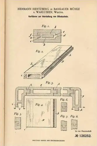 Original Patentschrift - H. Hertzberg in Bankauer Mühle b. Warlubien , Westpr., 1900 , Ofenkacheln , Kacheln , Ofen !!!