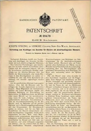 Original Patentschrift - J. Strong in Lismore , New South Wales , 1896 , Accorde für Klavier , Piano !!!