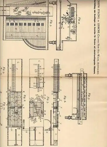 Original Patentschrift - J. Strong in Lismore , New South Wales , 1896 , Accorde für Klavier , Piano !!!