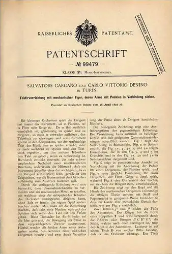 Original Patentschrift - Taktirapparat , Dirigent , Taktstock , 1897 , C. Denino in Turin , Konzert , Orchester !!!