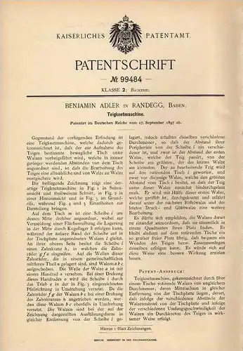 Original Patentschrift - B. Adler in Randegg , Baden , 1897 , Teigknetmaschine , Bäckerei !!!