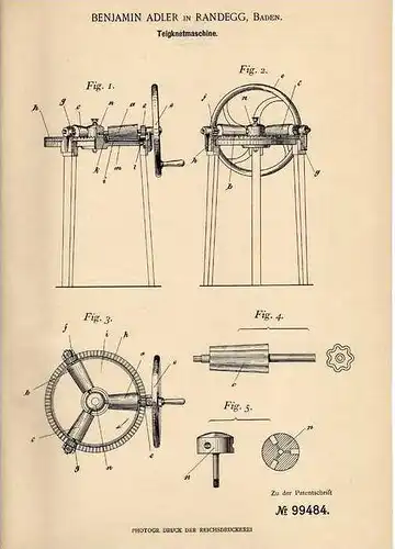 Original Patentschrift - B. Adler in Randegg , Baden , 1897 , Teigknetmaschine , Bäckerei !!!