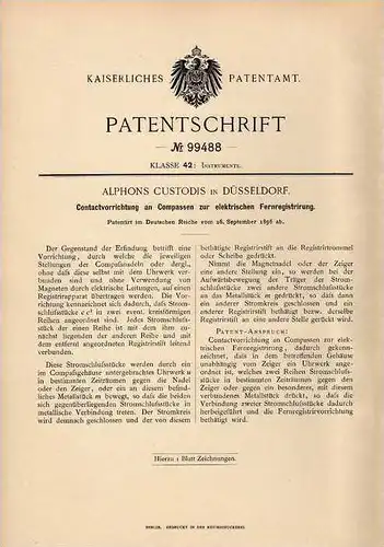 Original Patentschrift - Compass mit Fernregistrierung , 1896 , A. Custodis in Düsseldorf , Kompass , Kompaß !!!