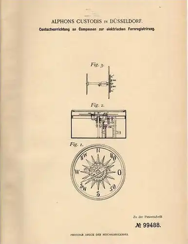 Original Patentschrift - Compass mit Fernregistrierung , 1896 , A. Custodis in Düsseldorf , Kompass , Kompaß !!!