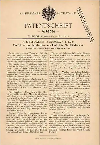 Original Patentschrift - A. Kiesewalter in Limburg a.d. Lahn , 1897 , Herstellung von Glühhkörper - Skellett !!!