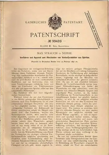 Original Patentschrift - M. Strauch in Neisse , 1897 , Abscheidung aus Spiritus , Brennerei , Brauerei , Alkohol !!!