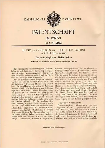 Original Patentschrift - H. le Courtois und J. Czerny in Cilli / Celje , Steiermark , 1900 , Kleiderhaken !!!