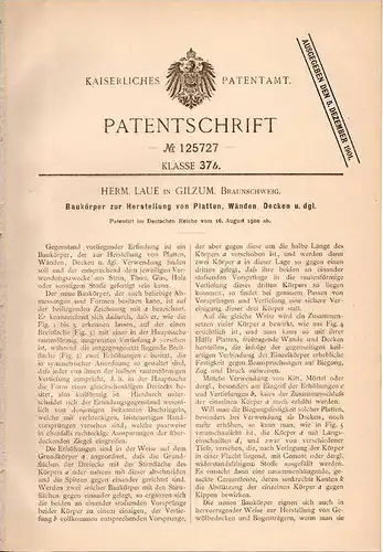 Original Patentschrift - H. Laue in Gilzum , Braunschweig , 1900 , Herstellung von Platten , Wänden und Decken , Bau !!!