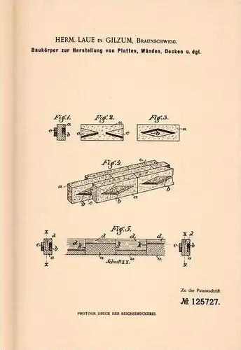 Original Patentschrift - H. Laue in Gilzum , Braunschweig , 1900 , Herstellung von Platten , Wänden und Decken , Bau !!!